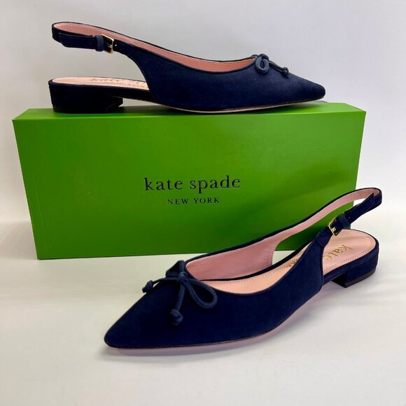 Kate Spade Veronica Flat Size 6.5 B Navy Suede Slingback Bow Pointed Toe Shoe - Picture 1 of 15